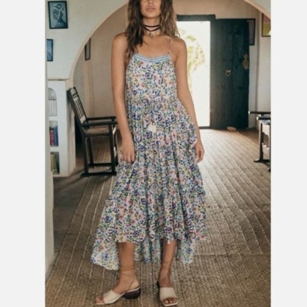 Spell Impala Lily Maxi Dress Womens Small Iris Floral Tiered High-Low Tassel